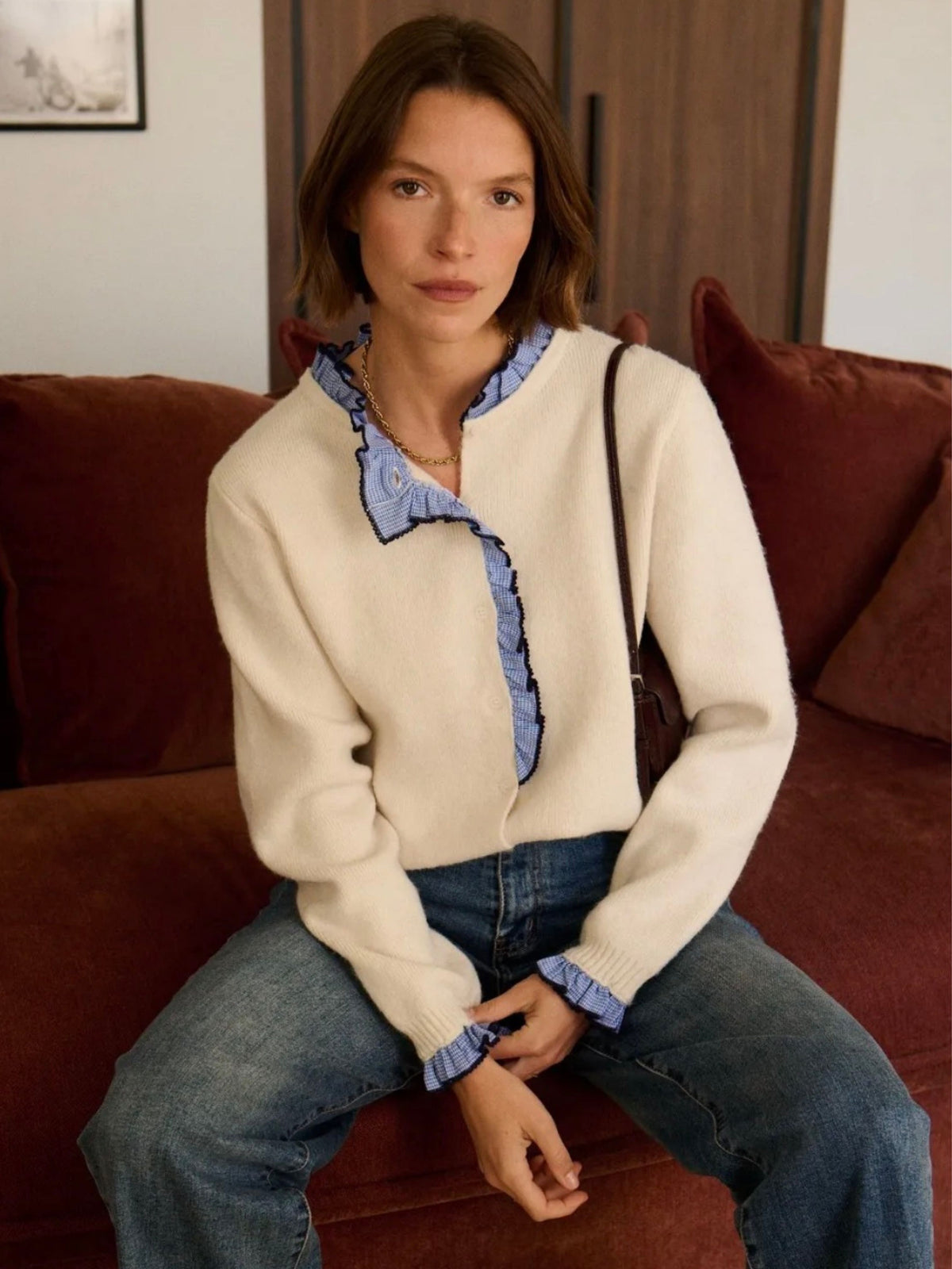 Cream Knit Cardigan with Blue Gingham Ruffle Trim