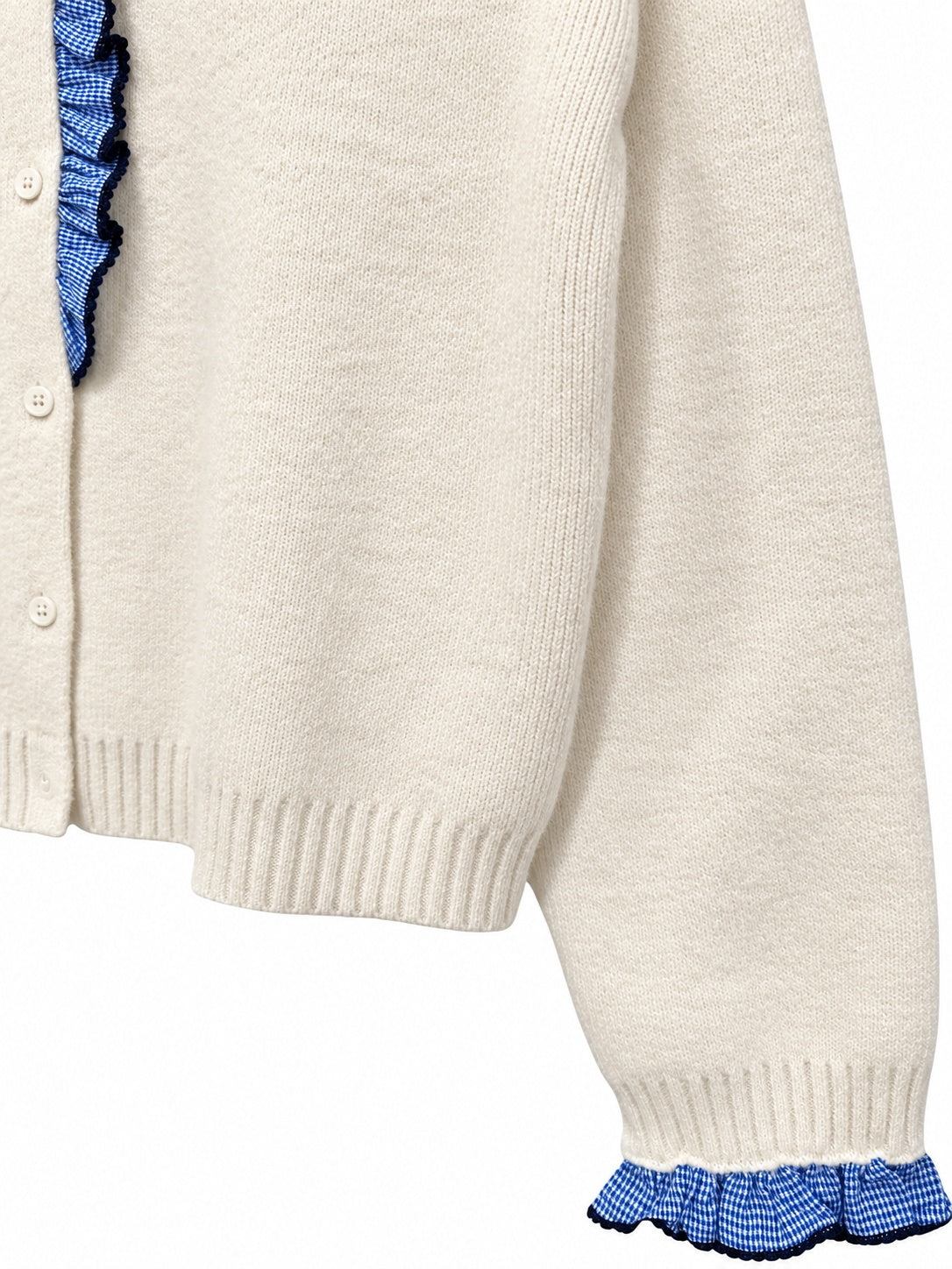 Cream Cardigan with Blue Gingham Ruffle Trim