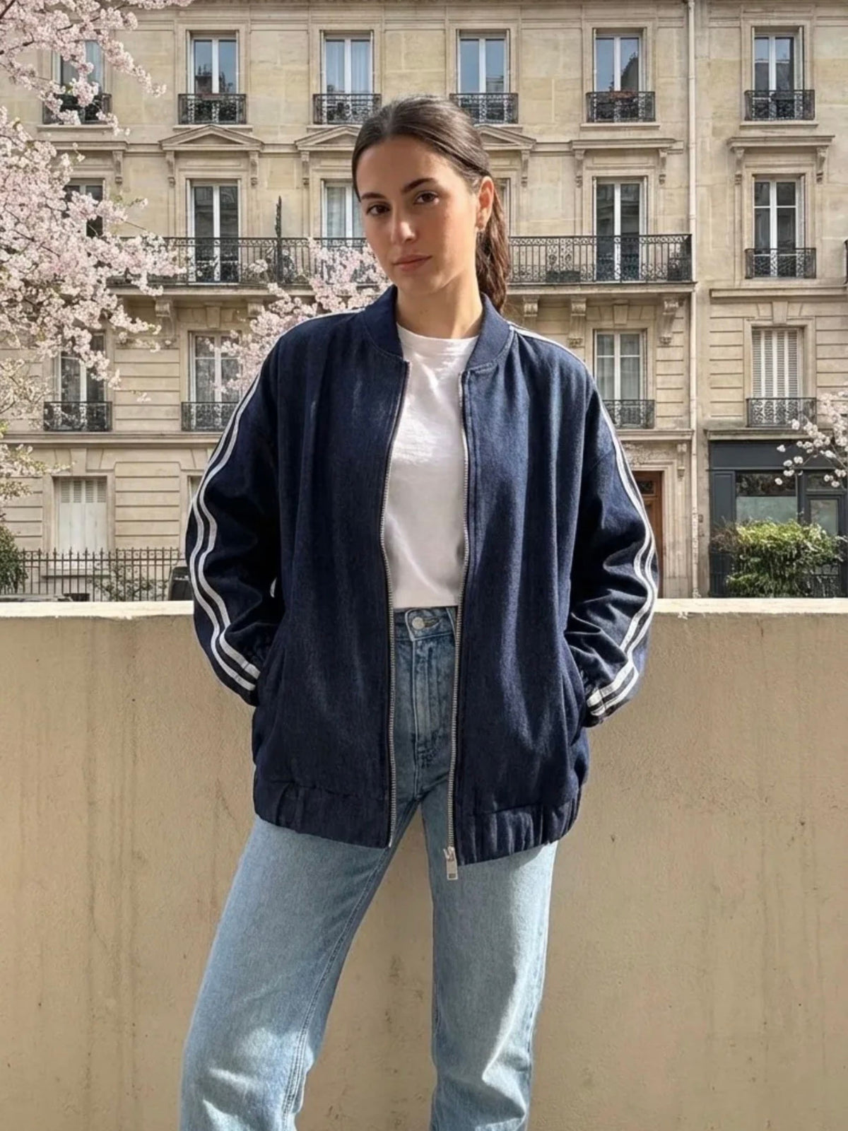 Women's Navy Denim Bomber Jacket with White Side Stripes