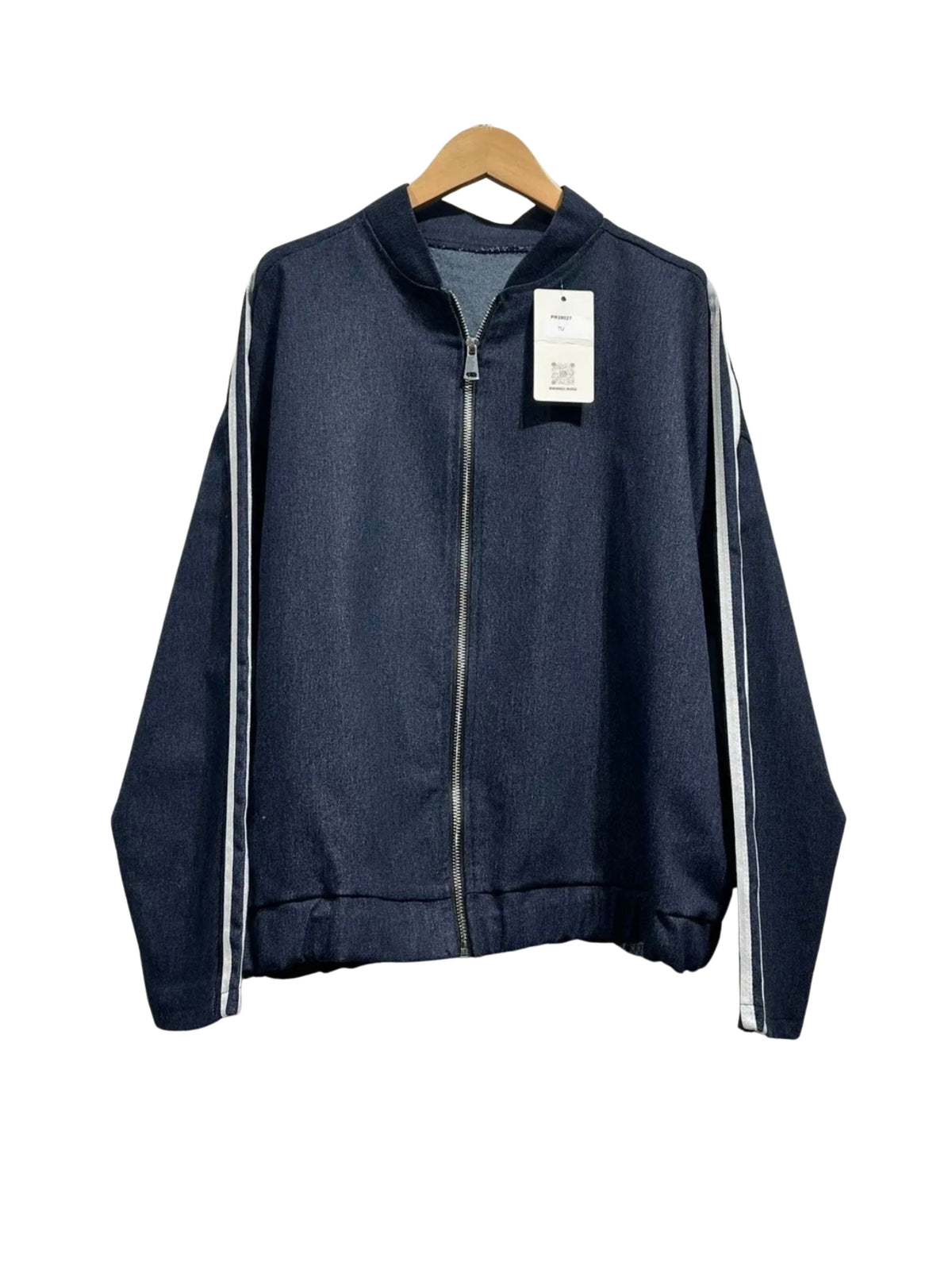Navy Denim Bomber Jacket with White Side Stripes