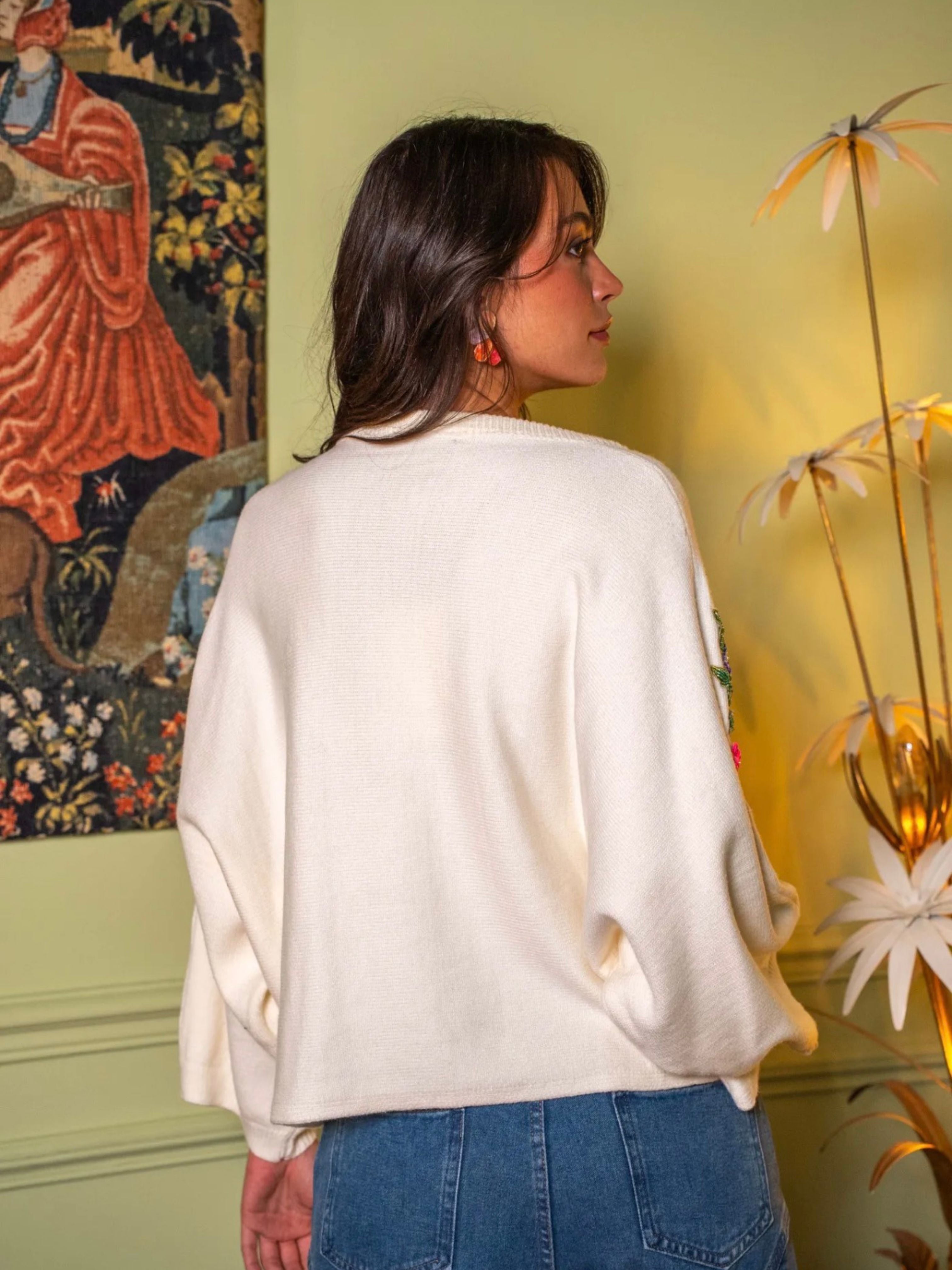 GOLD & SILVER | Rana Embroidered Floral V-Neck Jumper - Off White