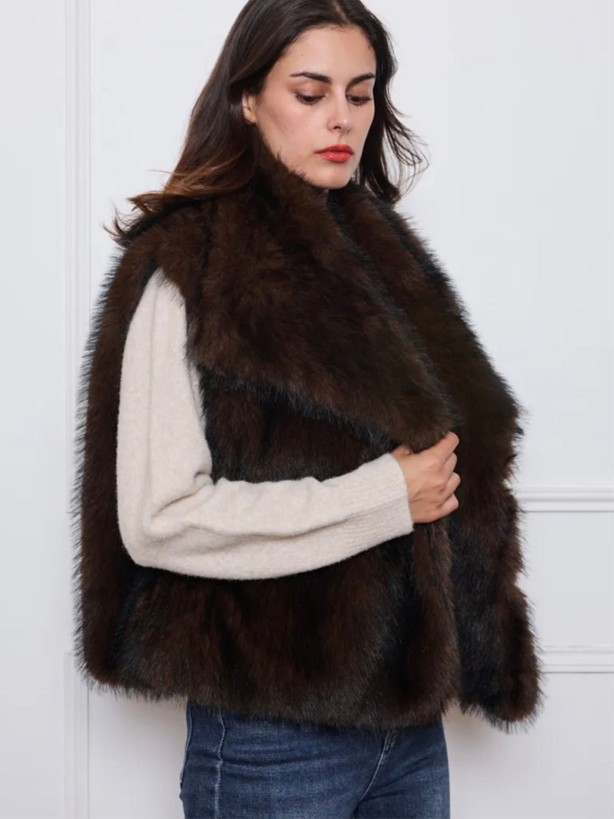 By CLARA | Chocolate Brown Faux Fur Gilet with Oversized Collar