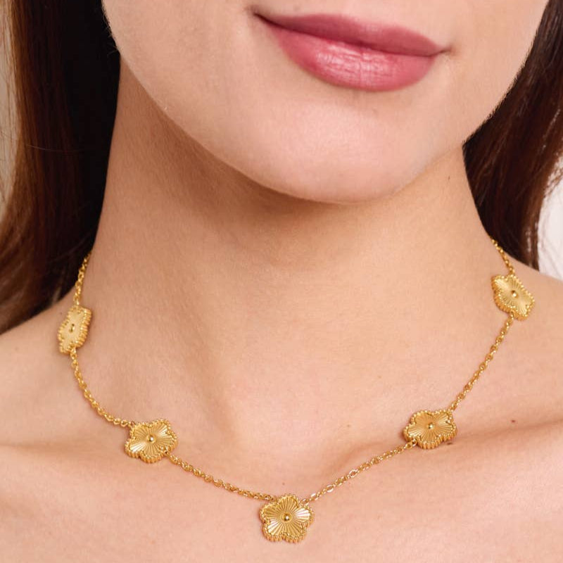 Gold Stainless Steel Floral Pendant Necklace