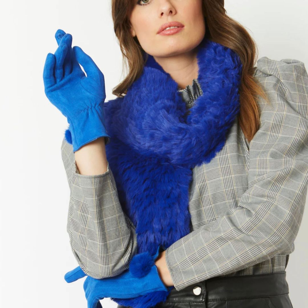 blue faux suede pom pom gloves