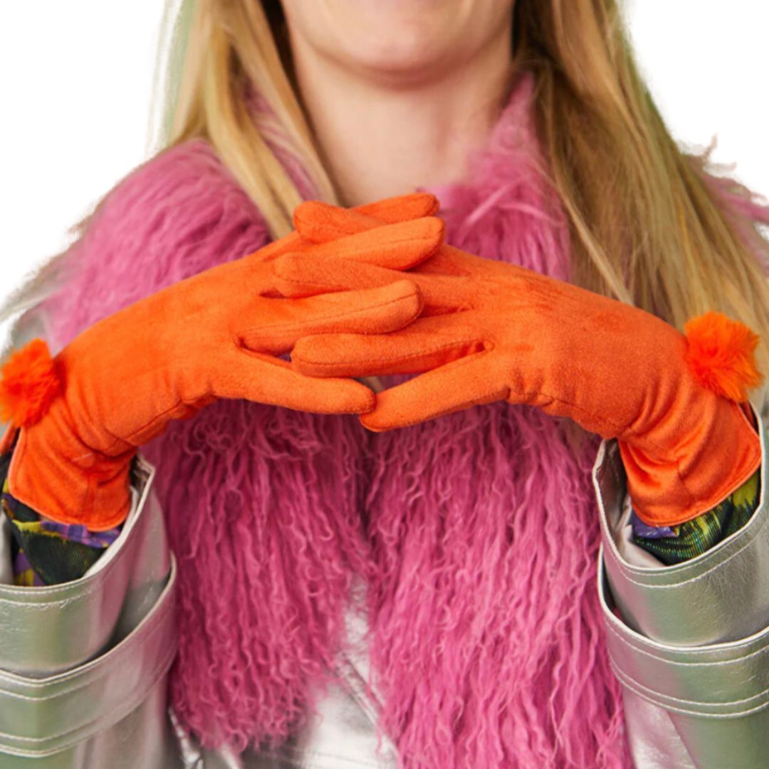 orange suede pom pom gloves jayley