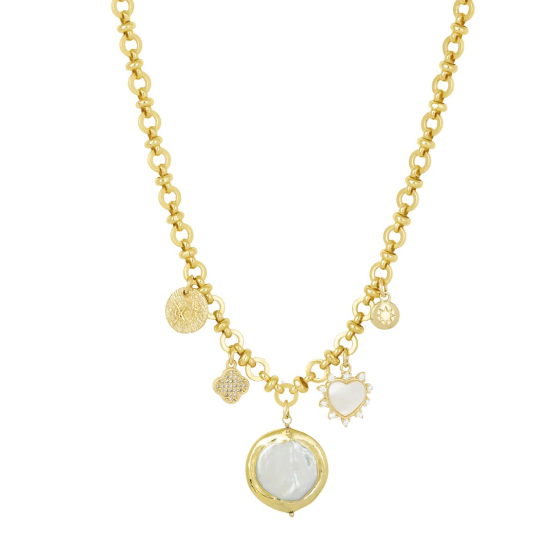 Atlas Pearl White and Gold Charm Necklace