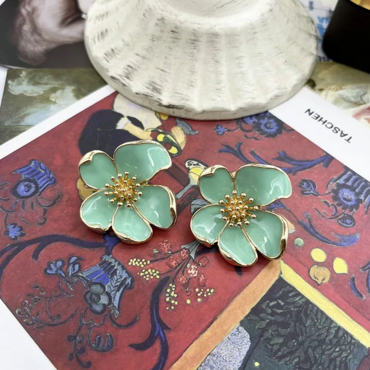 pistachio green enamel statement earrings