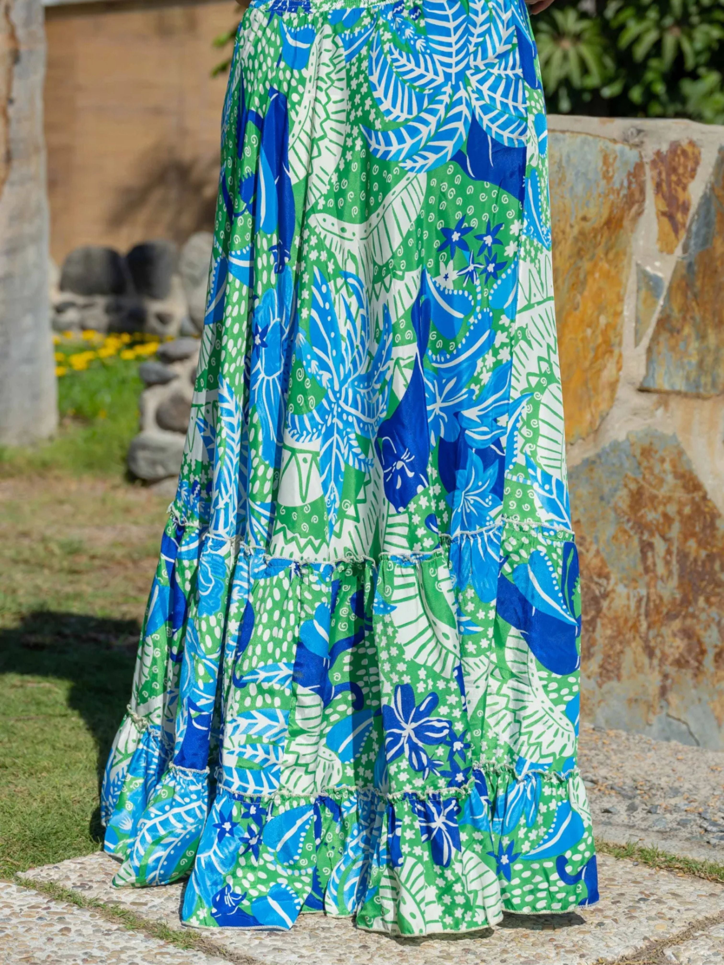 green and blue silk maxi skirt