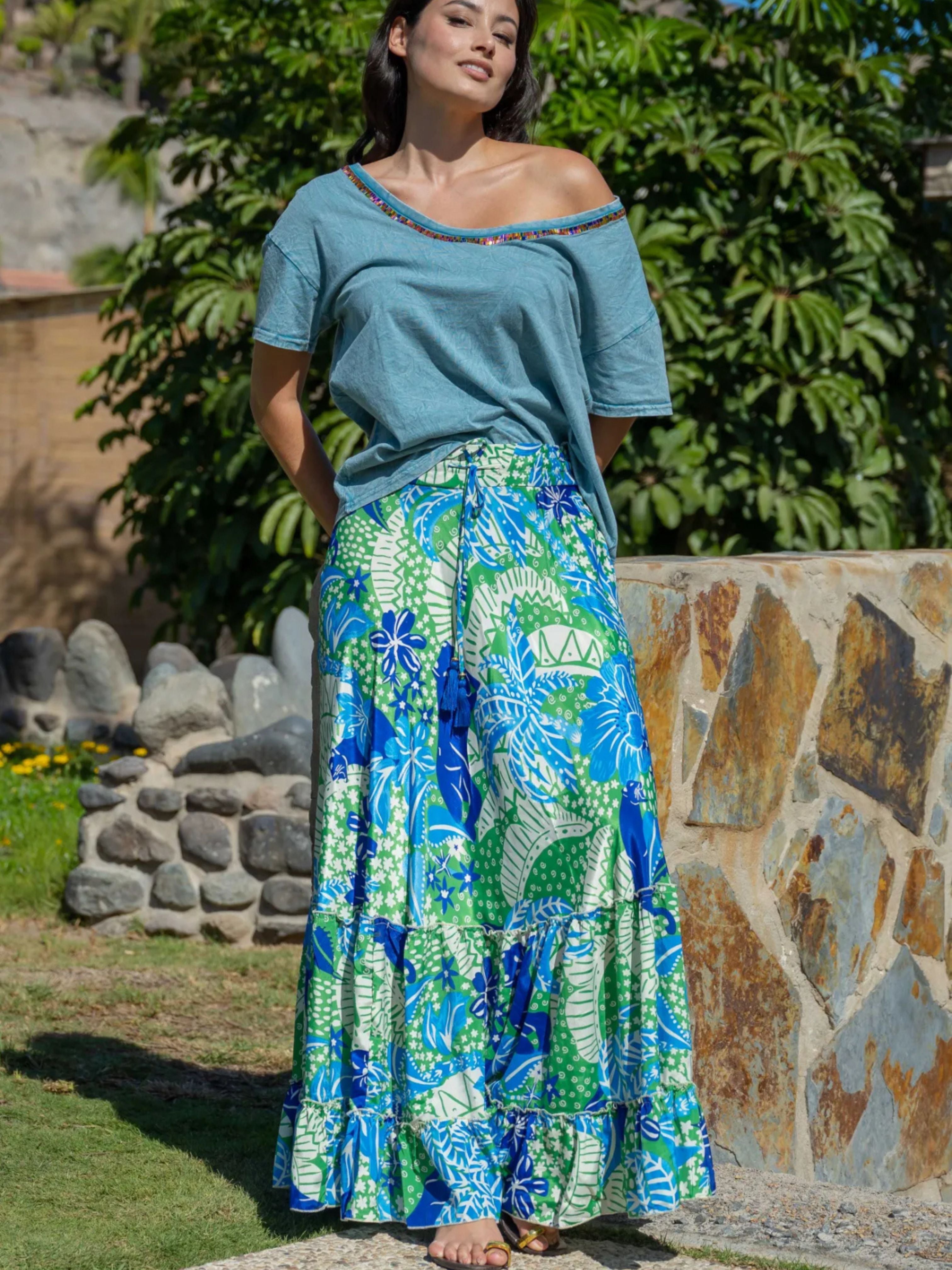 julia palm print tropical silk skirt