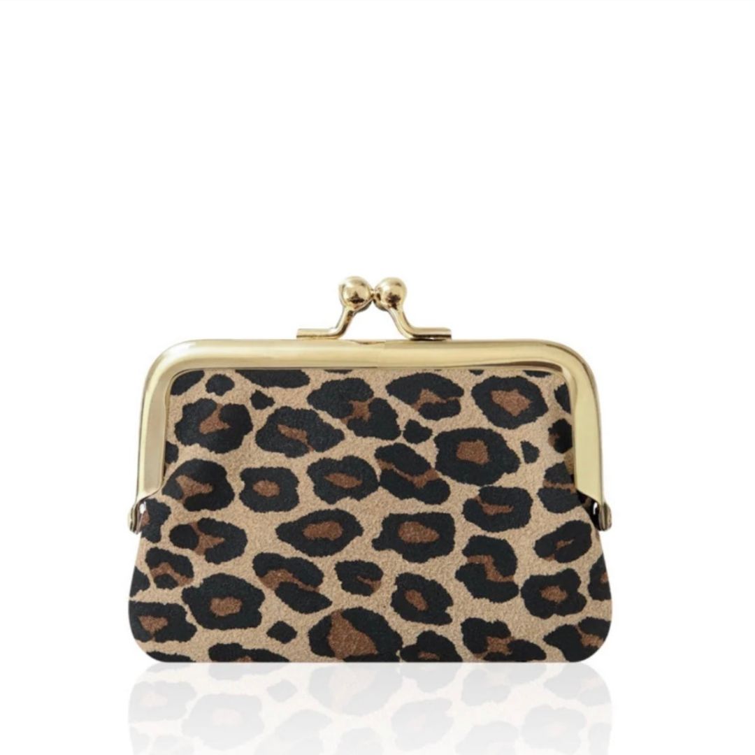 Leopard Italian Leather Coin Purse with Gold Kiss-Lock Clasp