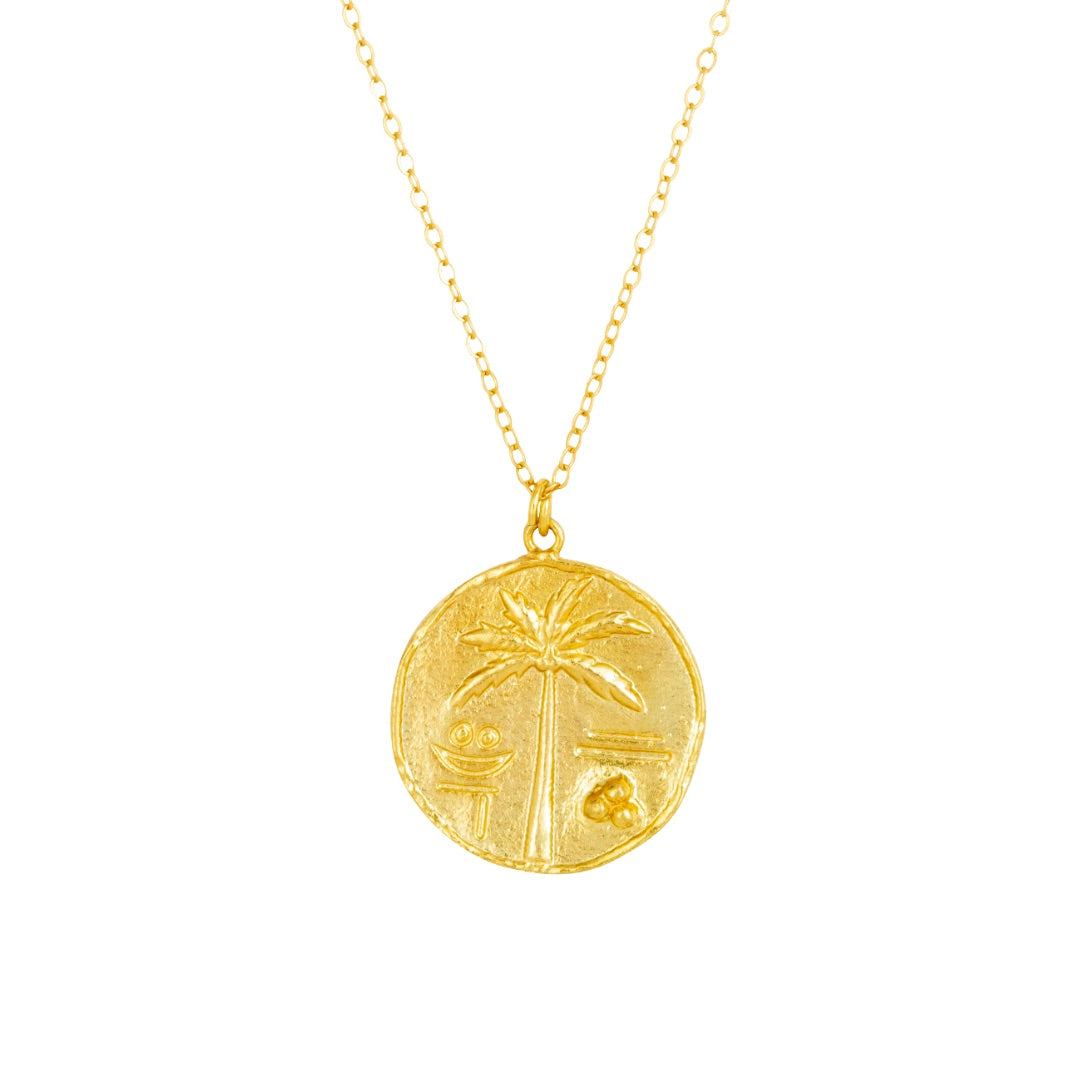 Oasis Palm Tree Embossed Gold Coin Pendant Necklace 