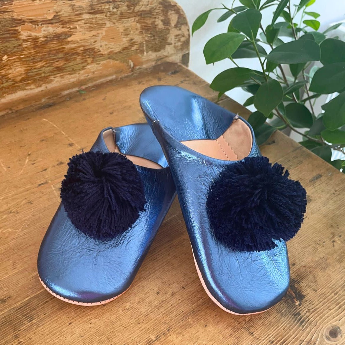 Moroccan Leather Pom Pom slippers / Metallic Blue Navy