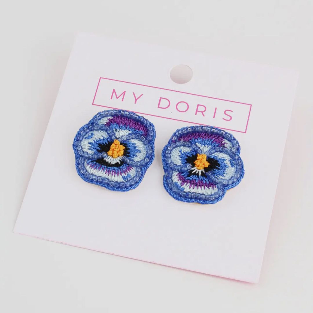 My Doris Blue Beaded Pansy Stud Earrings