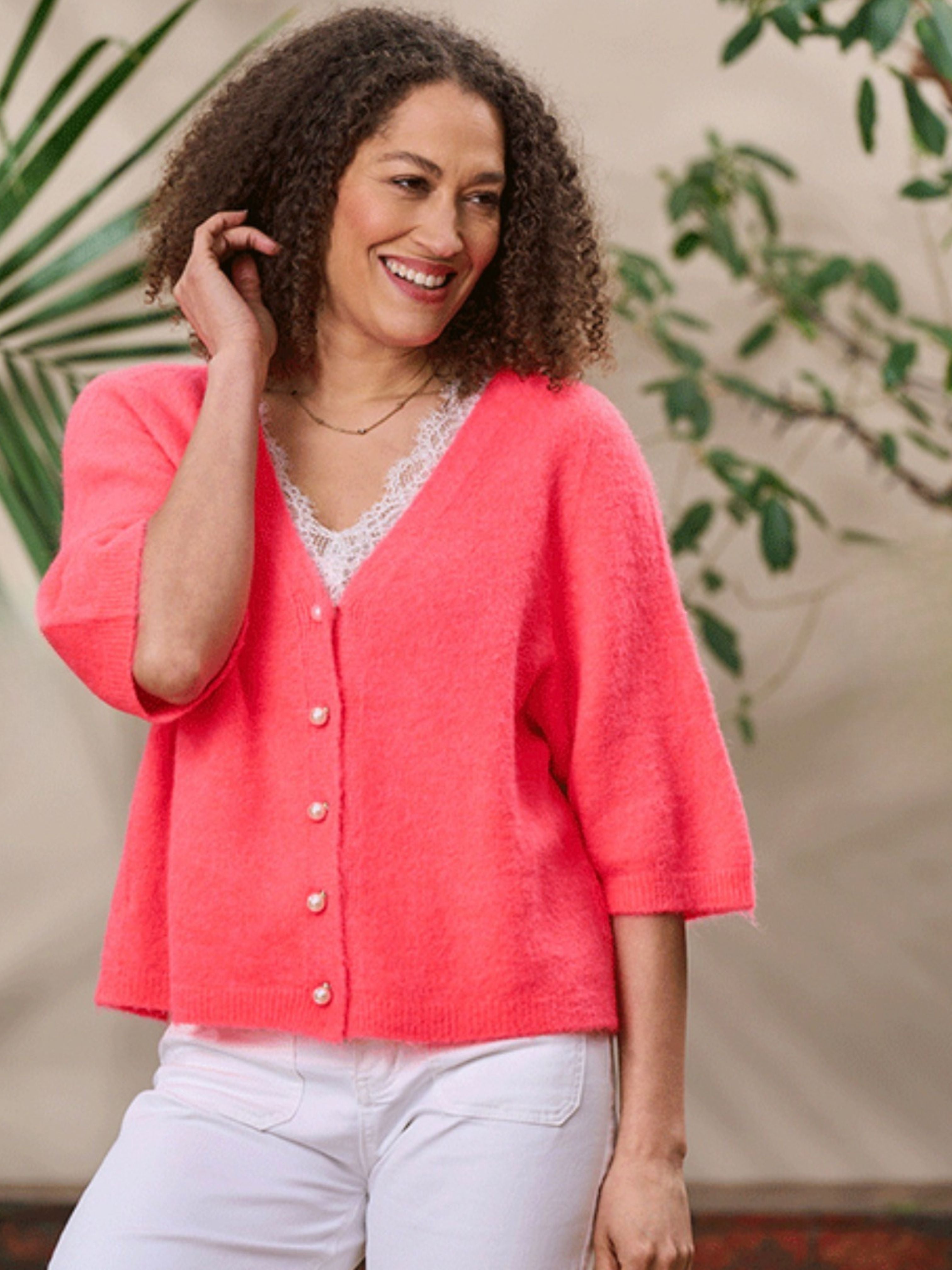 Pearl Alpaca Knit Cardigan Buttons Fluorescent Coral