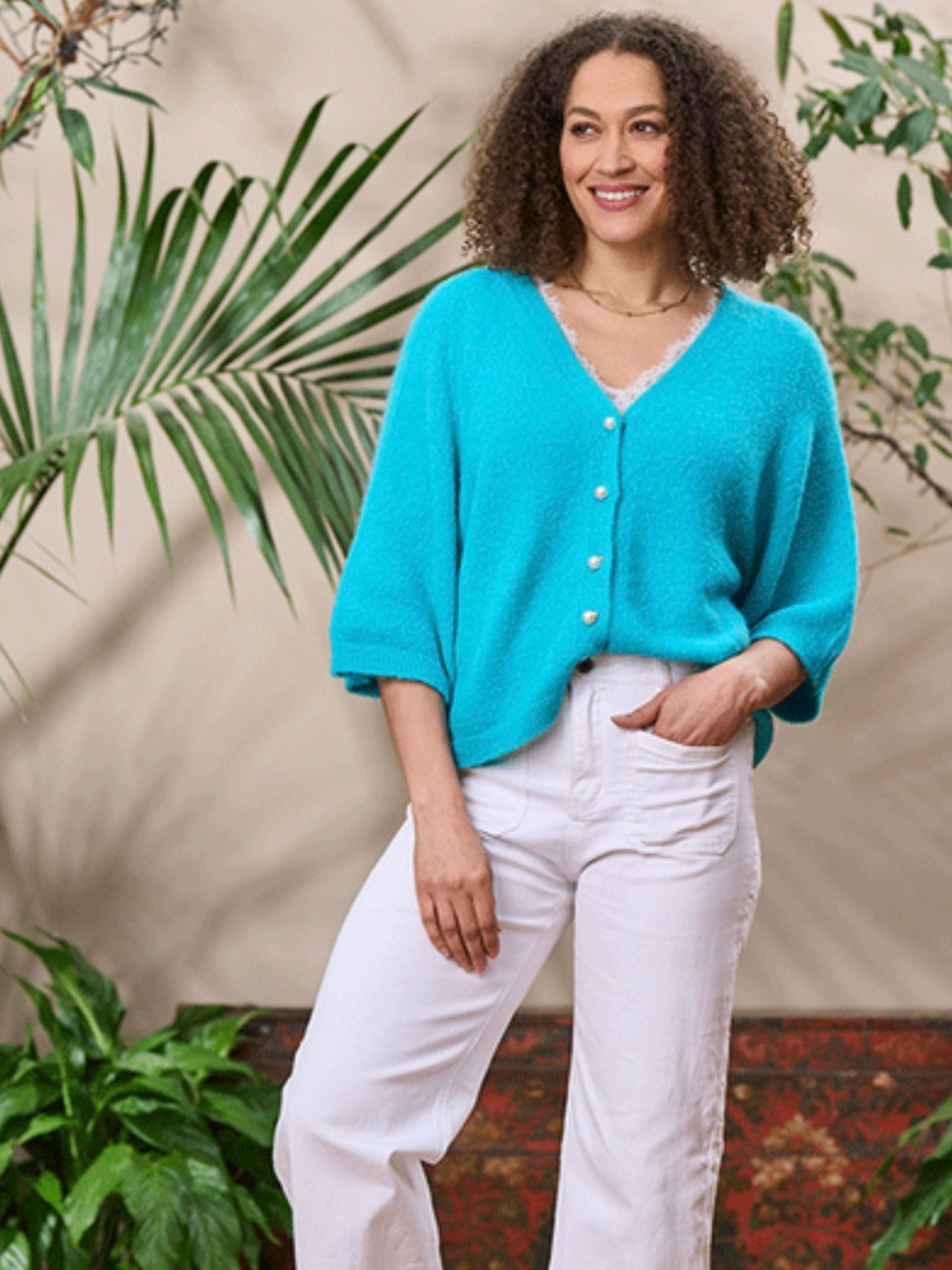 Alpaca Knit Cardigan Pearl Buttons Turquoise