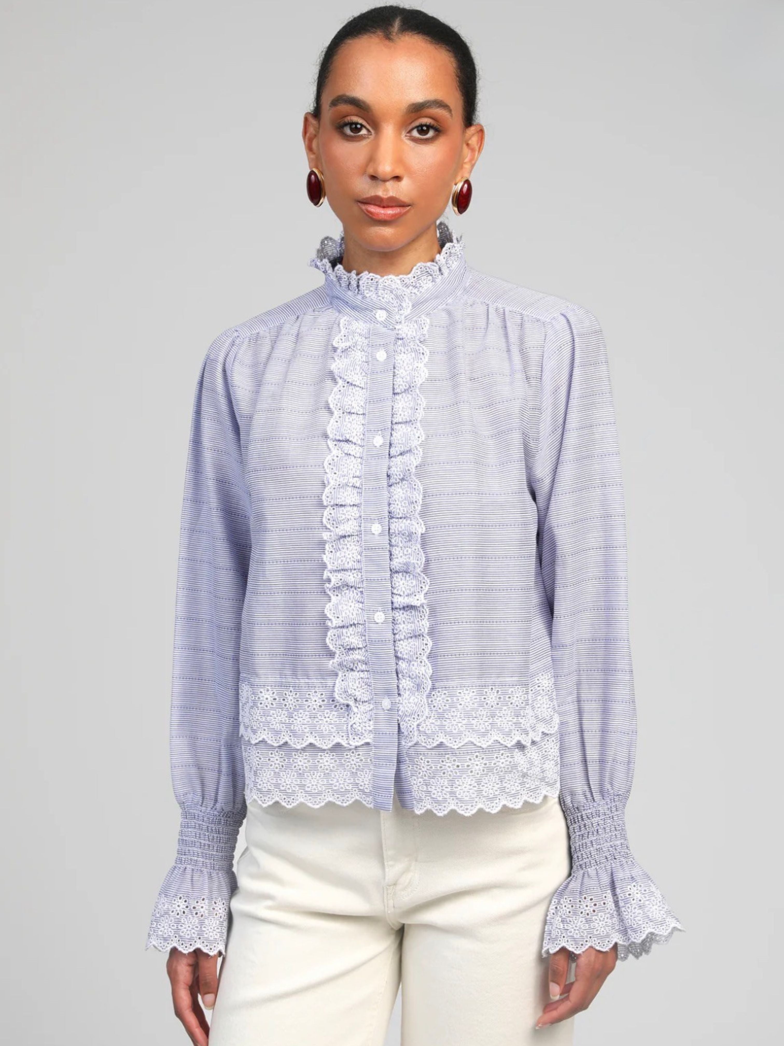 Lace Trim Striped High-Neck Blouse Blue