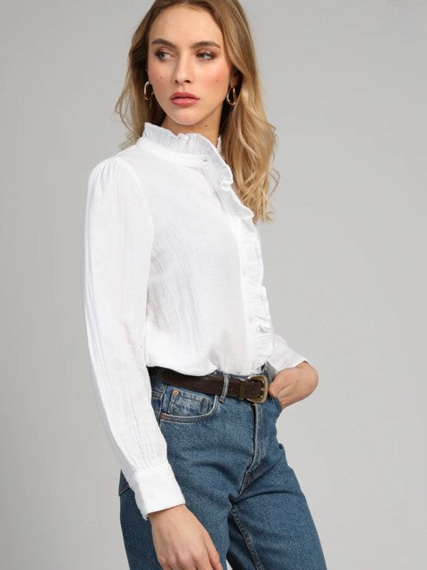 White Cotton Ruffle Shirt