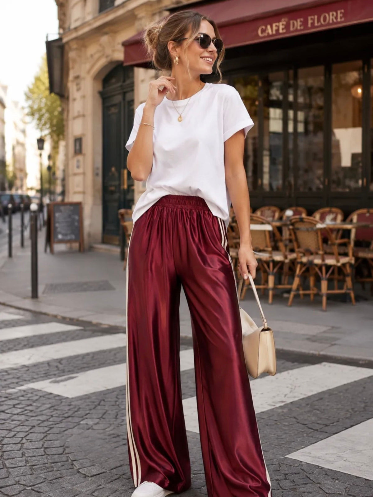 Women's Burgandy Satin Wide Leg Trousers with Side Stripes
