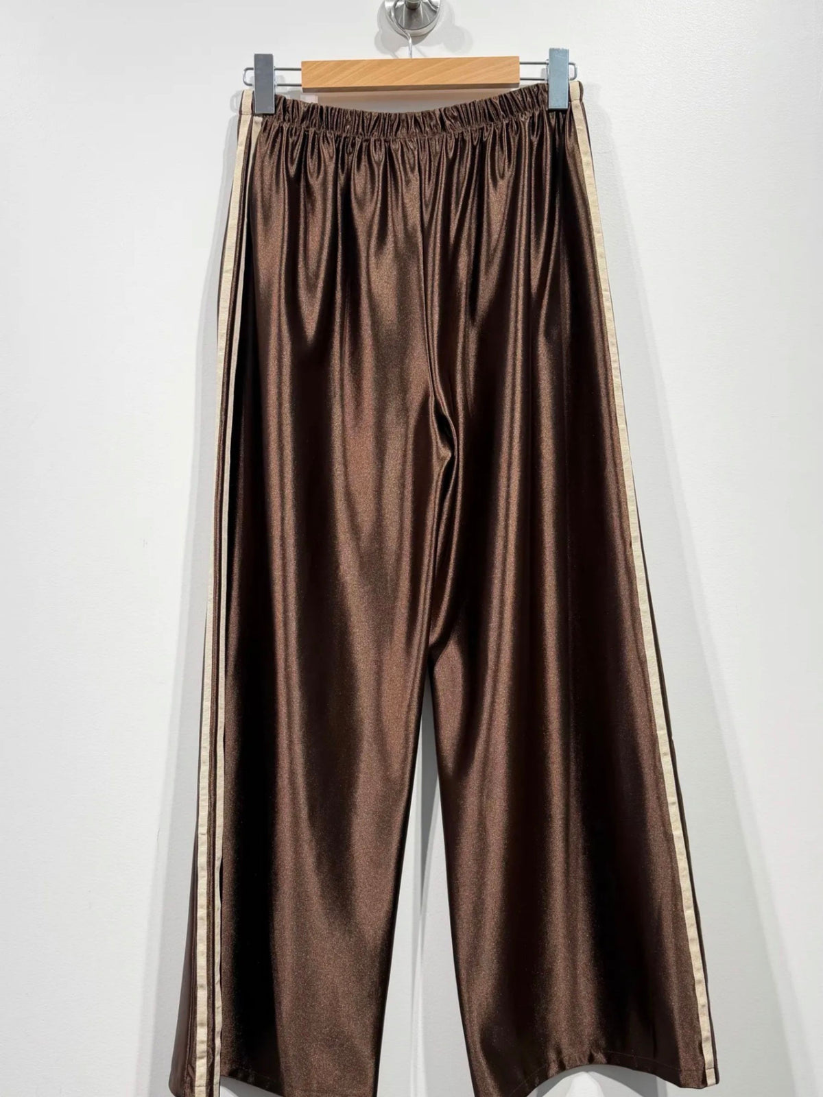 Chocolate Brown Satin Wide Leg Trousers with Side Stripes