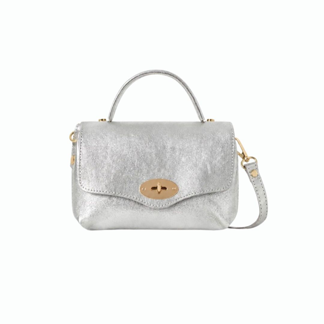 Silver Italian Leather Mini Grab Bag with Gold Turn-Lock Clasp
