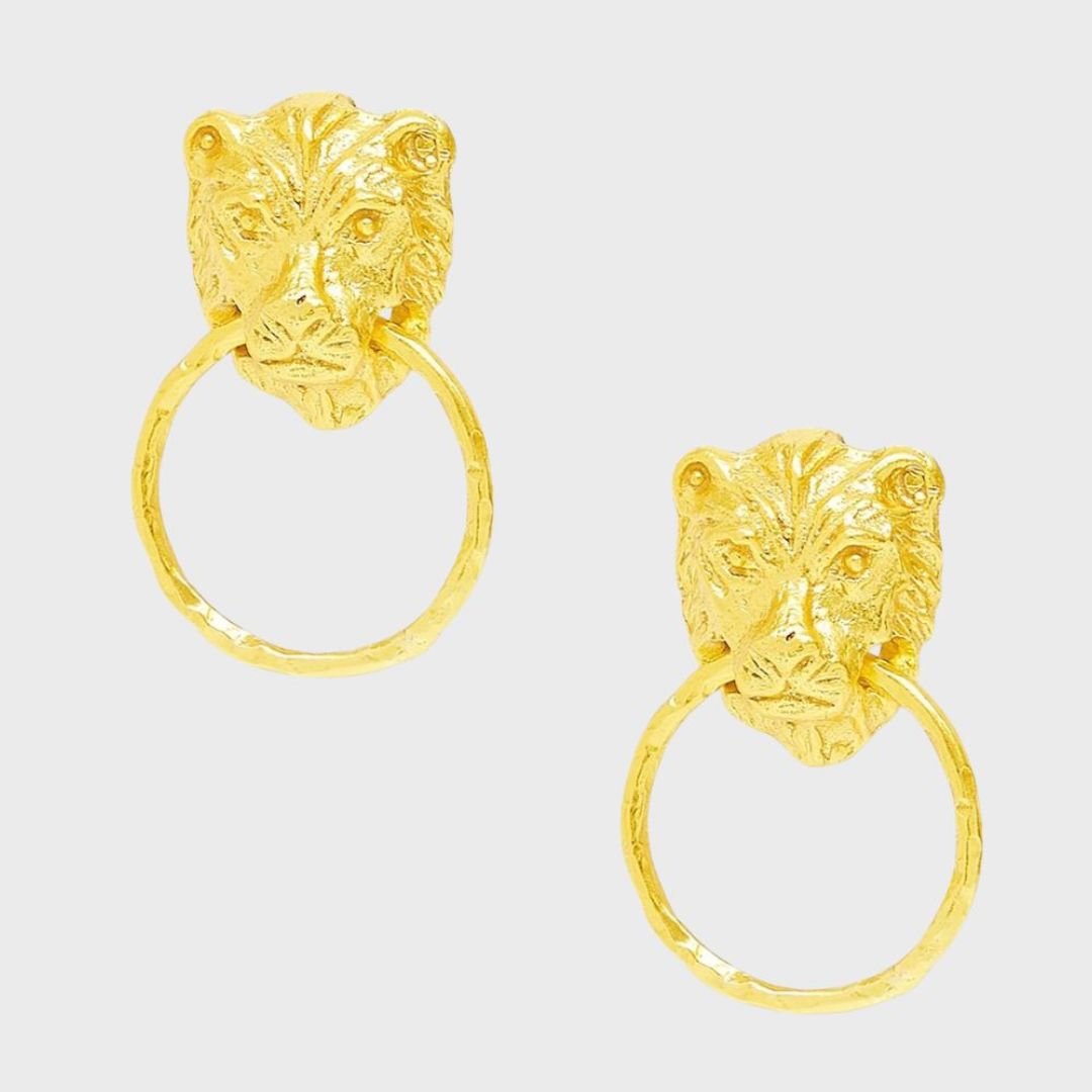 ASHIANA London | Vintage Gold Lion Head Stud Earrings – 22ct Gold Plated