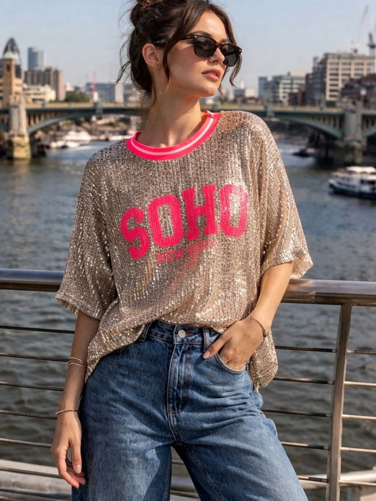 Soho New York Sequin Tee Shirt / Neon Pink