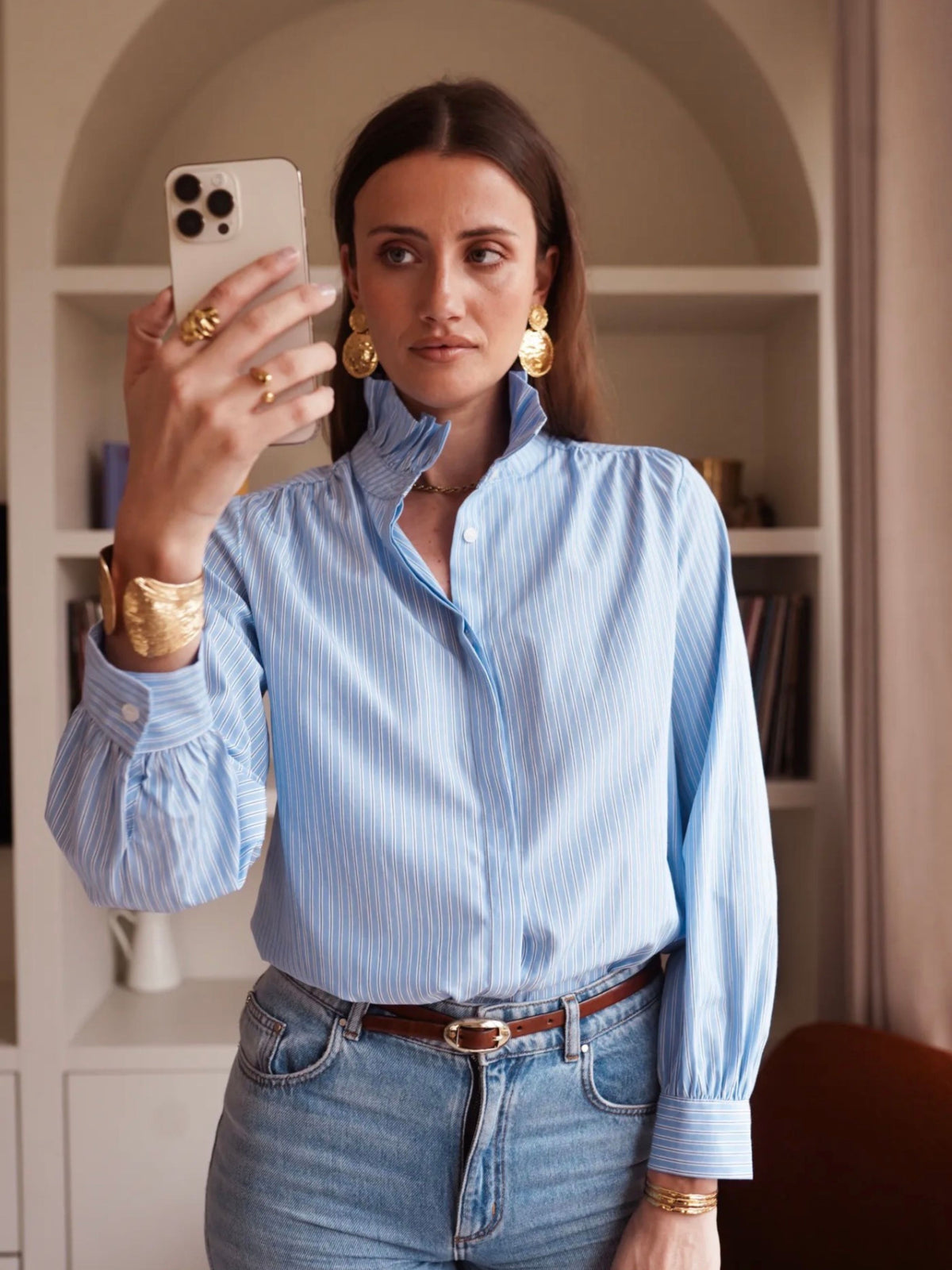 In April 1986 | Women's Blue & White Pinstripe Cotton Shirt with Ruffle Collar