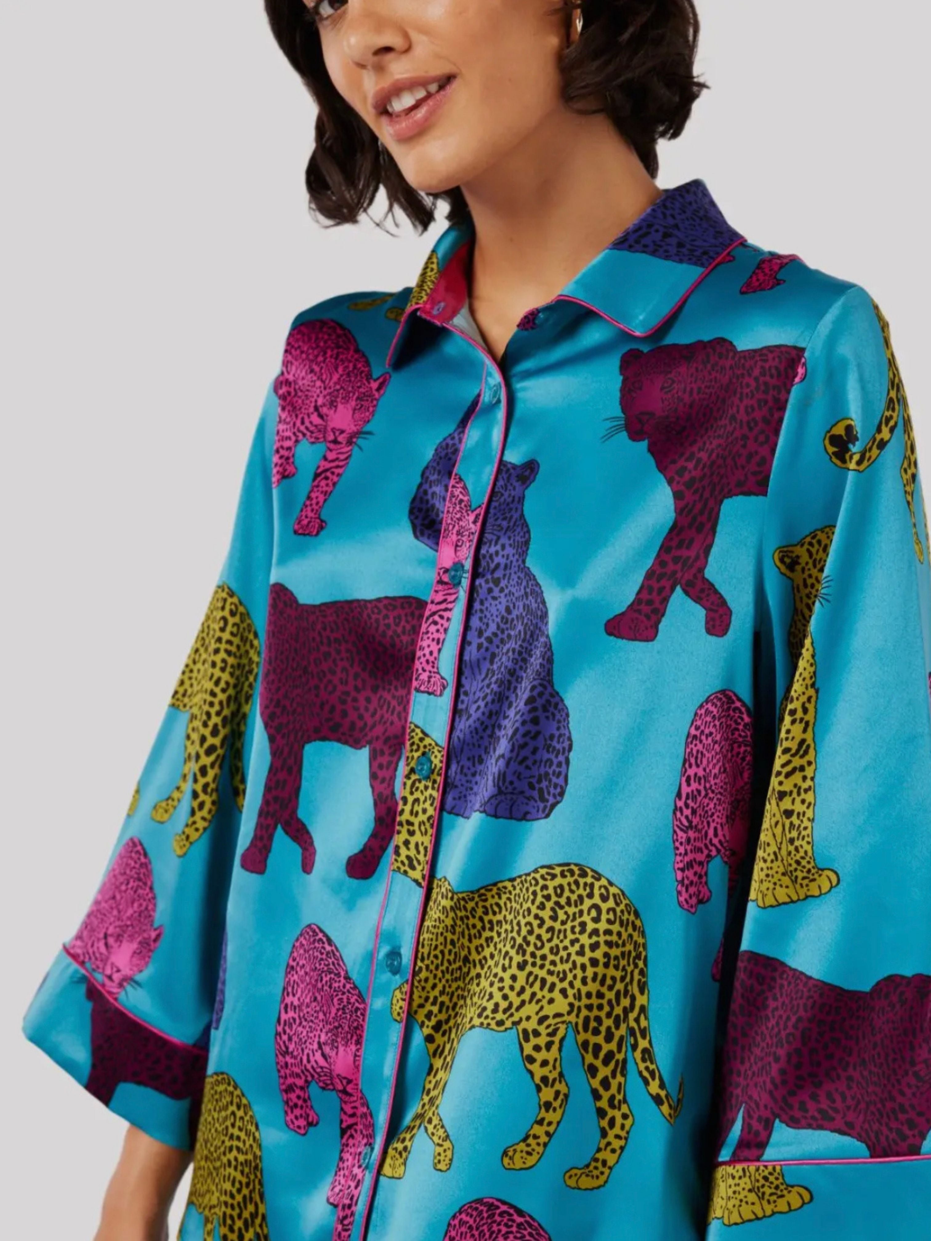 teal leopard long pyjamas chelsea peers