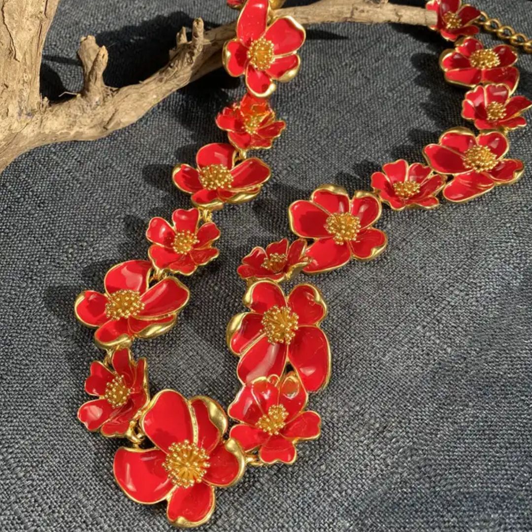 red enamel flower necklace
