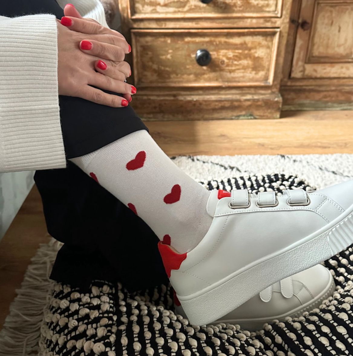 Valentines white socks with red hearts