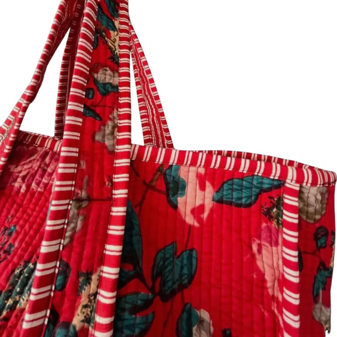 BHAWANA | Handmade Red Cotton Quilted Tote Shopping Bag