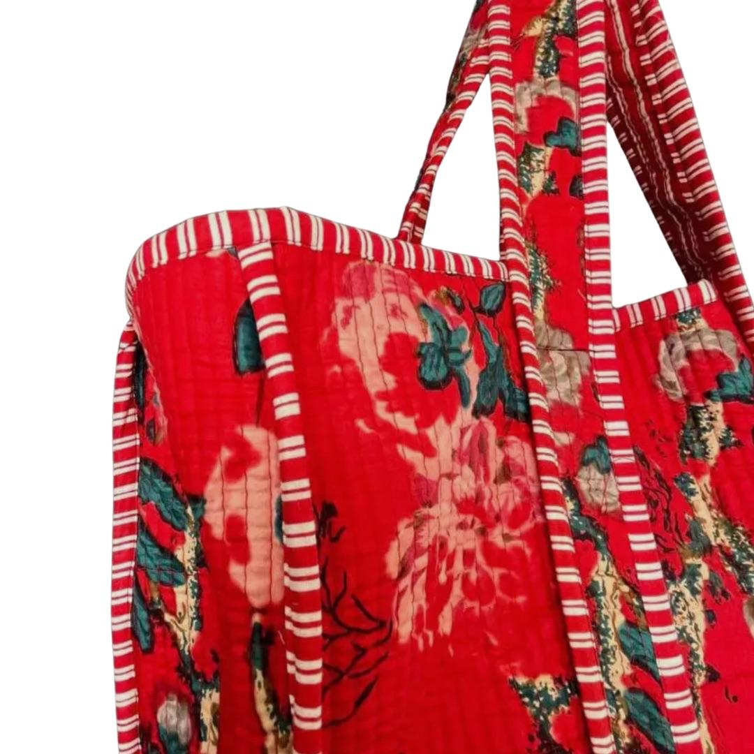 BHAWANA | Handmade Red Cotton Quilted Tote Shopping Bag