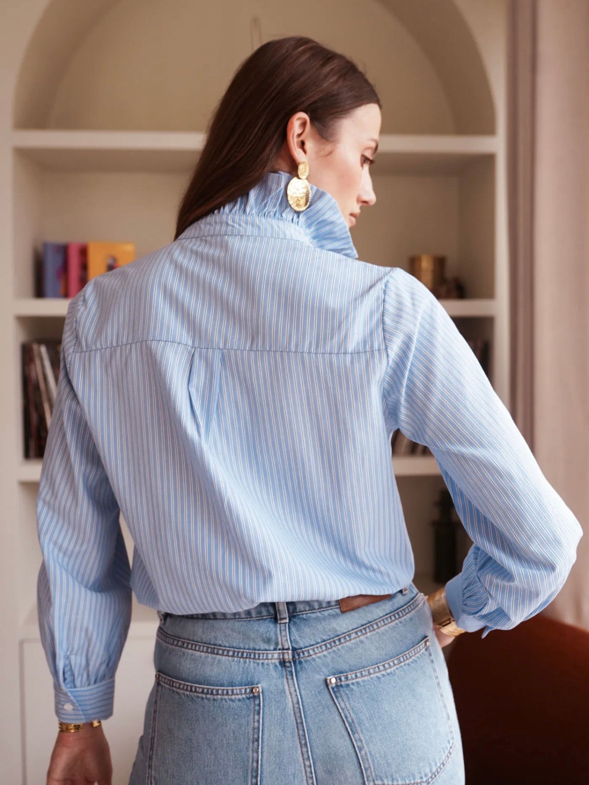 Women's Blue & White Pinstripe Shirt with Ruffle Collar
