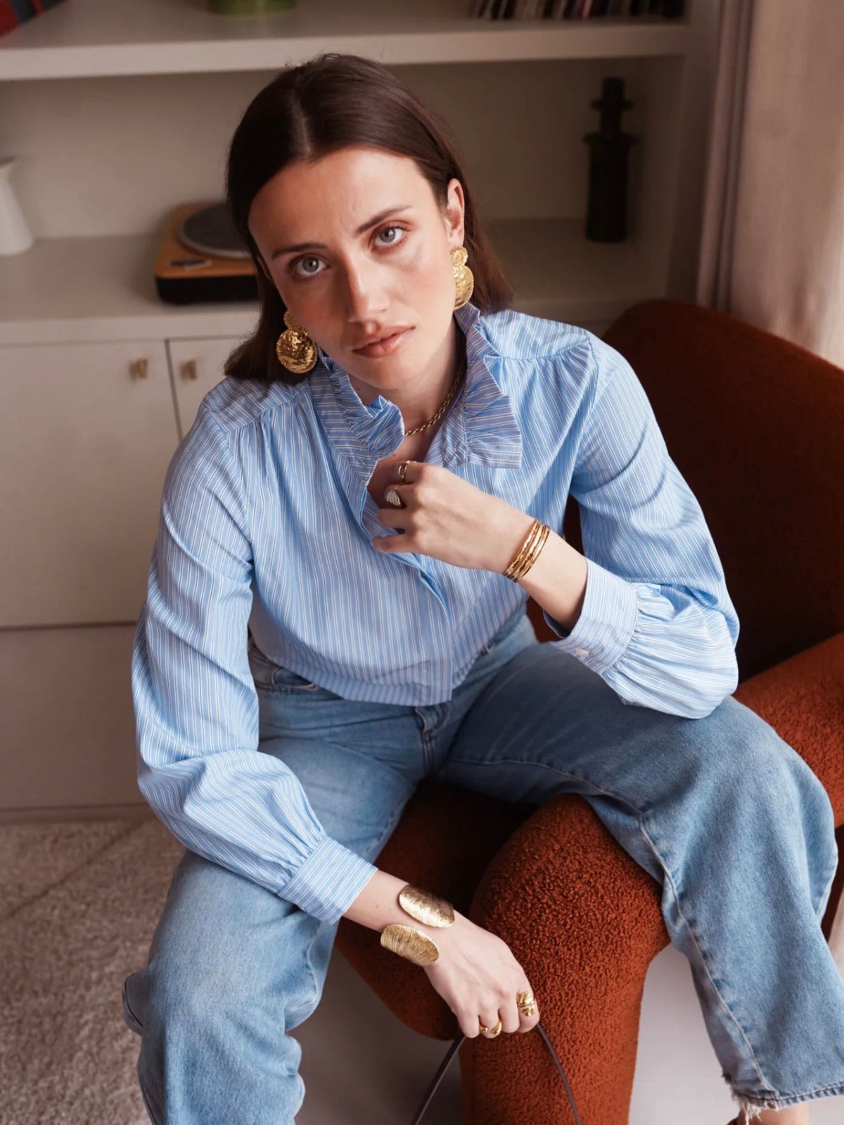 Women's Blue & White Stripe Cotton Shirt with Ruffle Collar