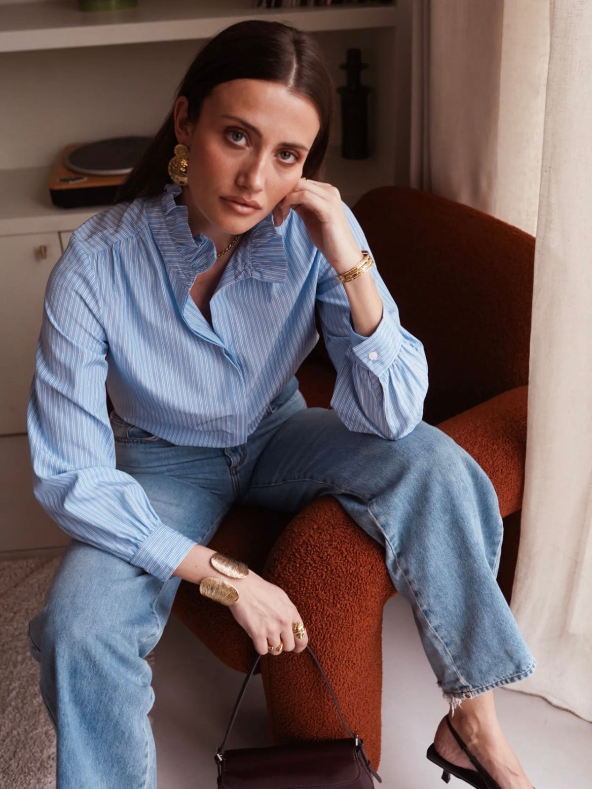 Blue & White Pinstripe Cotton Shirt with Ruffle Collar