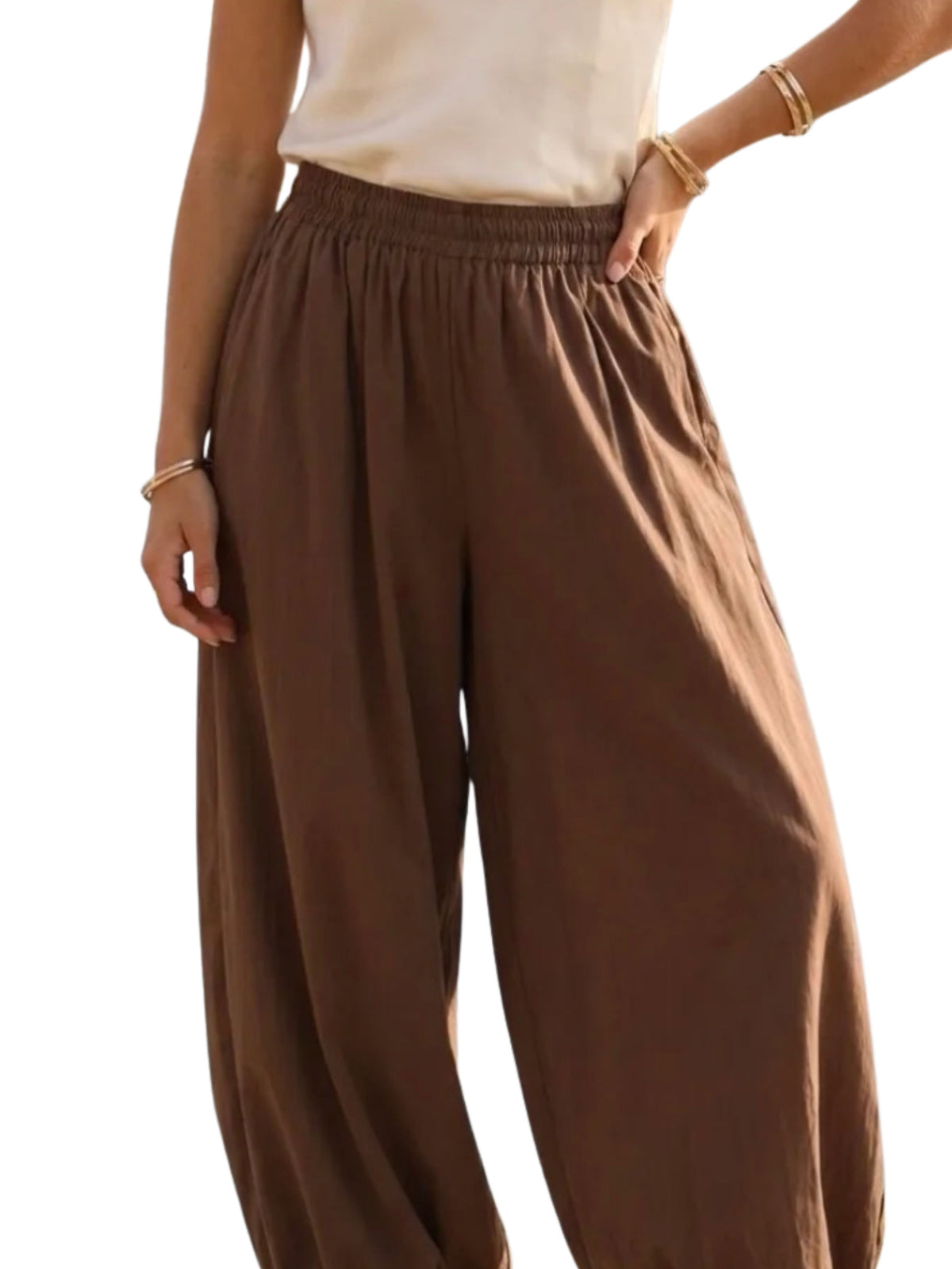 Women's Brown Balloon Trousers with Elasticated Waist