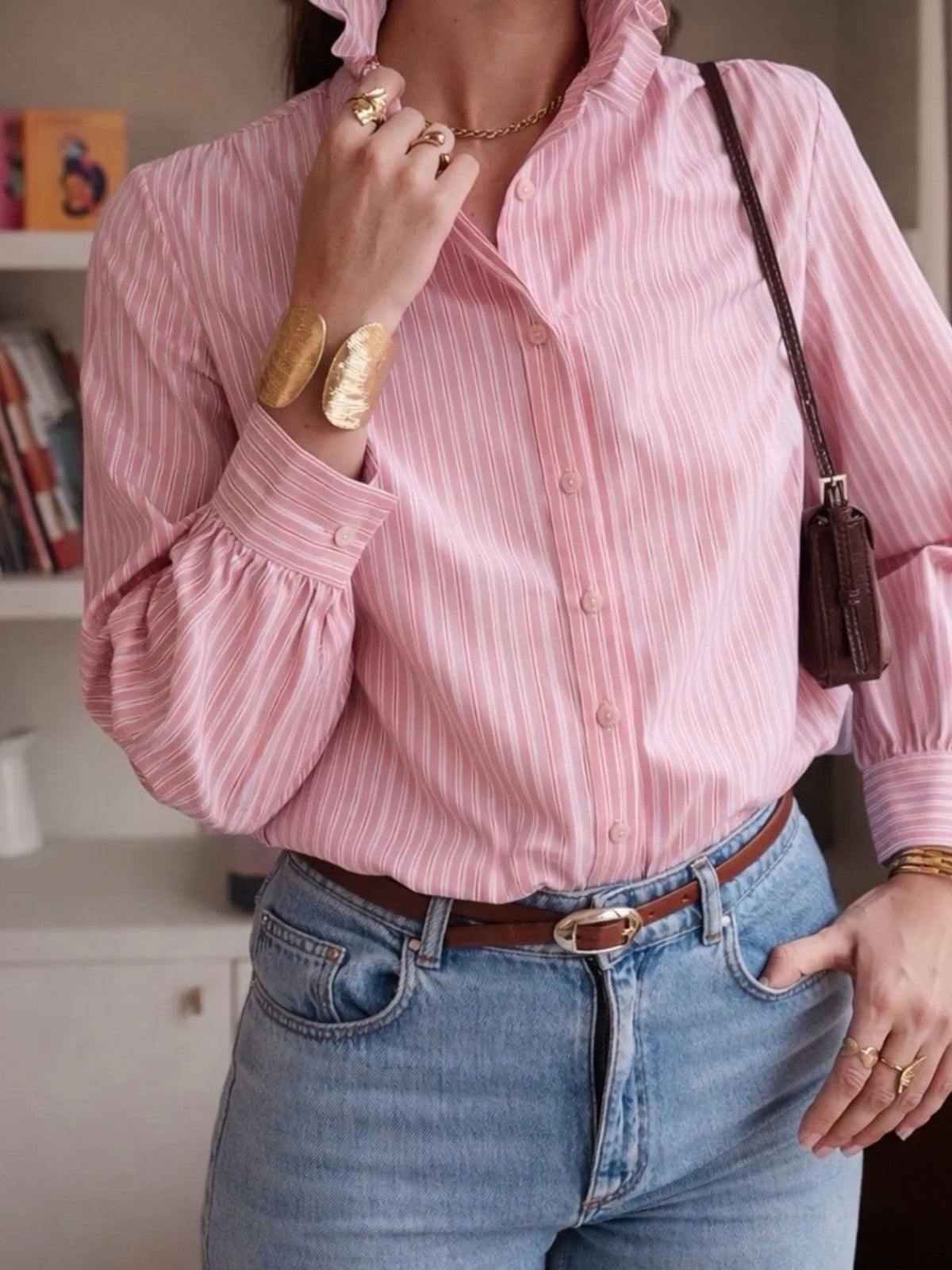 Women's Pink & White Pinstripe Cotton Shirt with Ruffle Collar