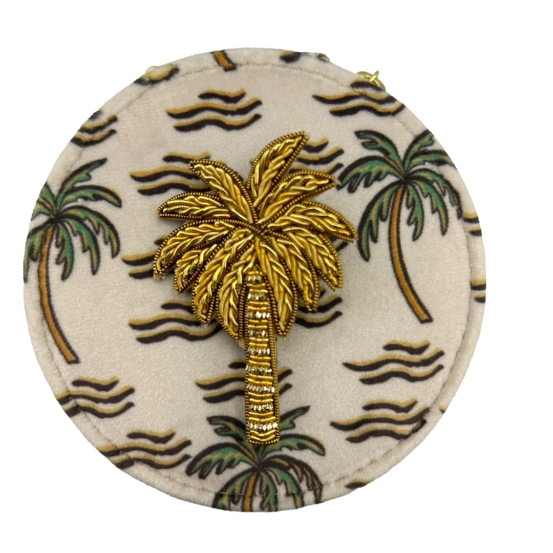 Jewellery Travel Pot in Sand Palm Print with Palm Pin