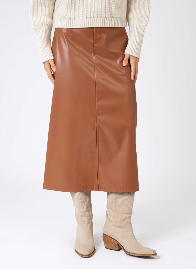 Julina Caramel Vegan Leather Midi Skirt