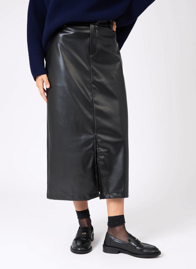 Julina Black Vegan Leather Midi Skirt