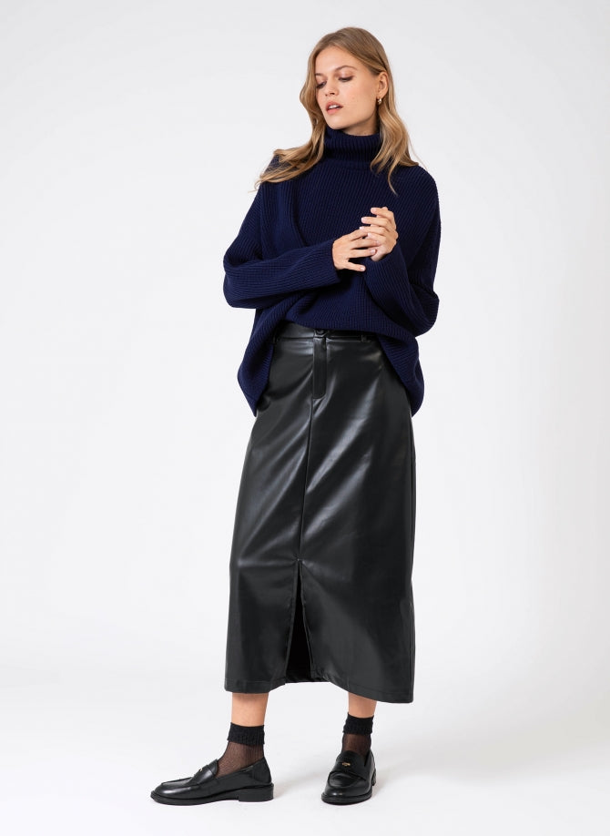 black vegan leather midi skirt