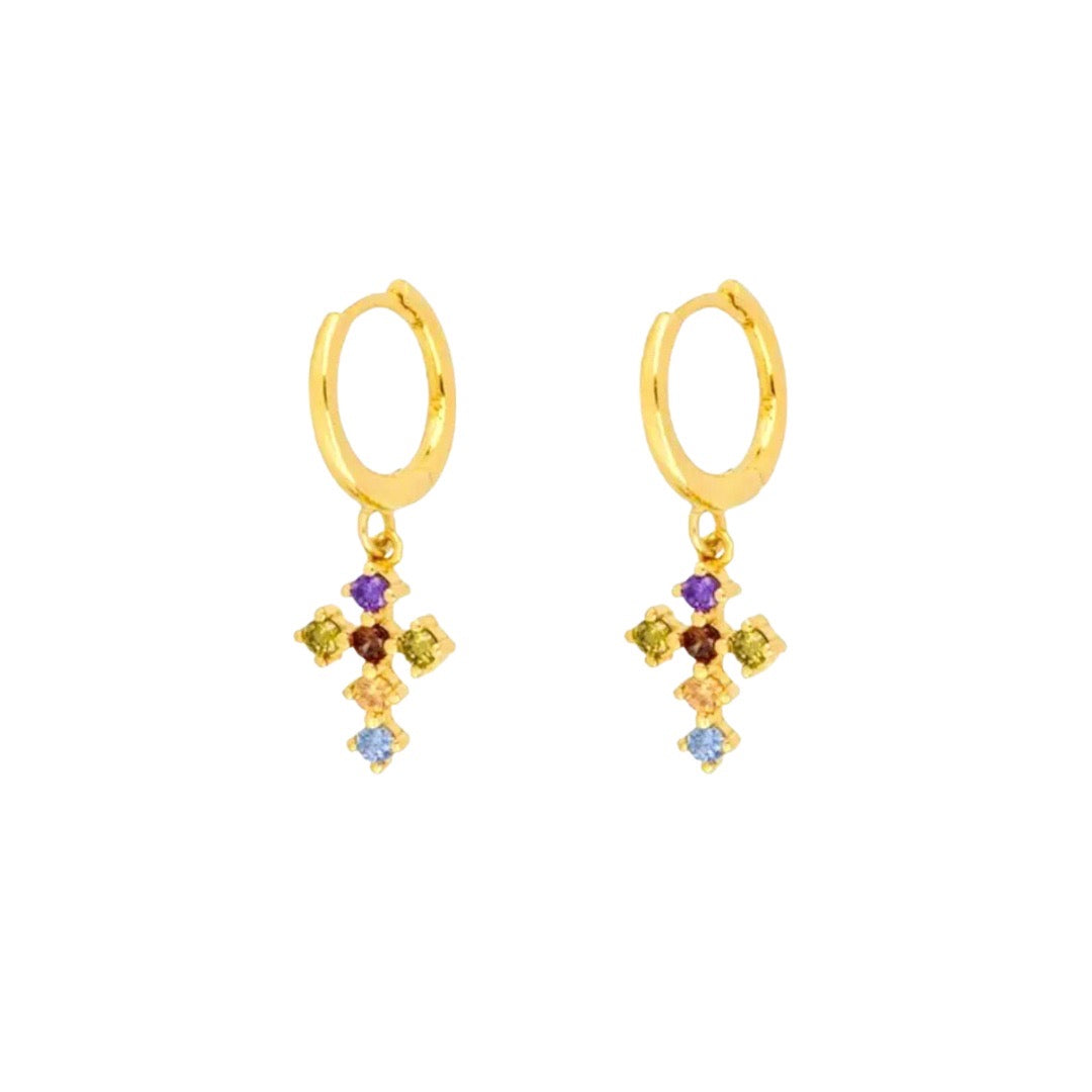 rainbow crystal cross gold huggie hoop earrings